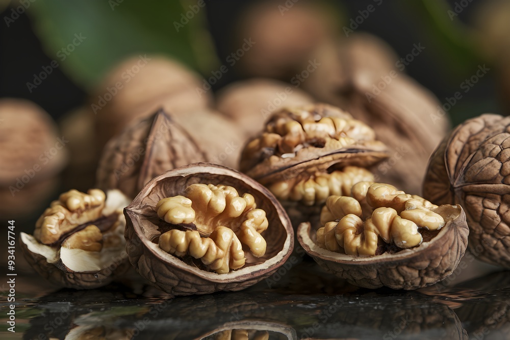 Closeup of walnuts, some cracked open, revealing inner flesh on a dark surface Closeup of walnuts, some cracked open, revealing inner flesh on a dark surface