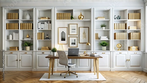 Modern minimalist home office features a sleek white bookshelf against a clean white wall, filled with organized books and decorative ornate golden frames. photo