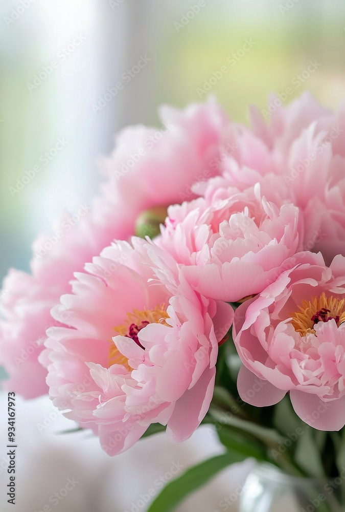 Obraz premium Fresh bouquet of pink peonies in a sunlit room with soft background