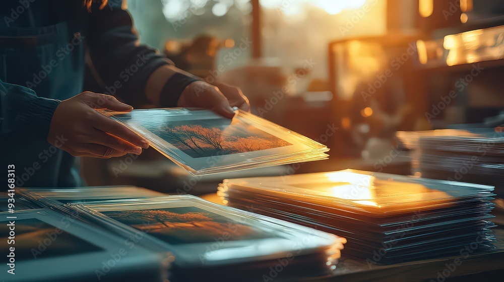 Arranging stacks of printed materials under warm lighting. Arranging stacks of printed materials under warm lighting.