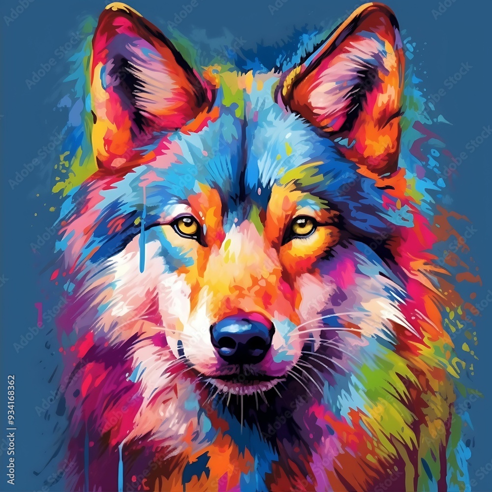 Naklejka premium Colorful artistic depiction of a wolf with vibrant colors and striking features on a blue background