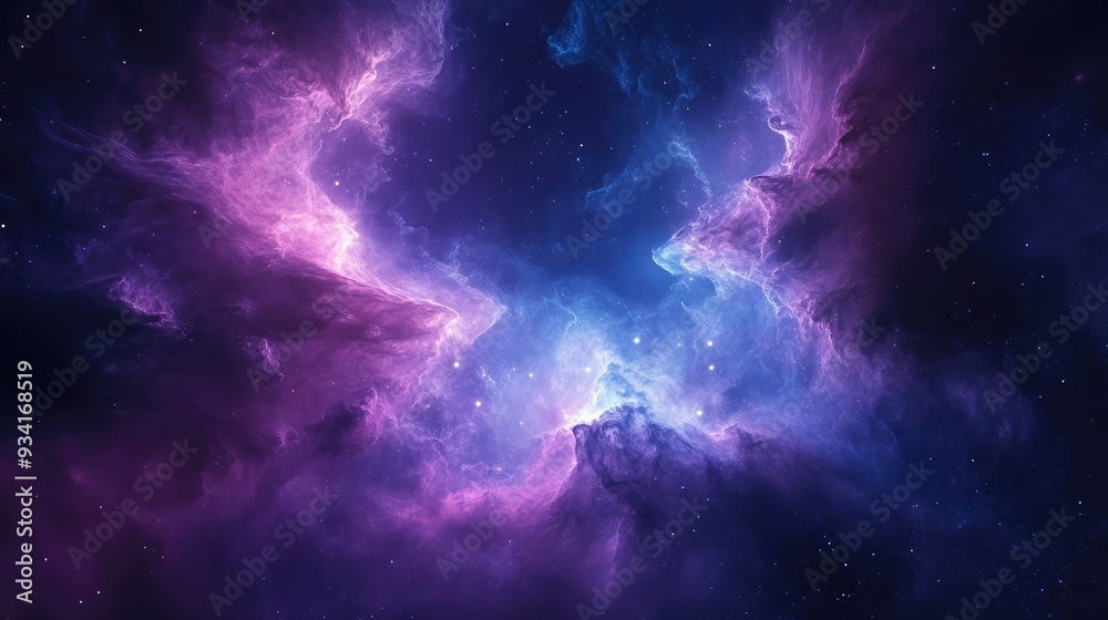 Fototapeta premium Abstract nebula waves floating in the vastness of space, featuring soft transitions between deep purples and bright blues.