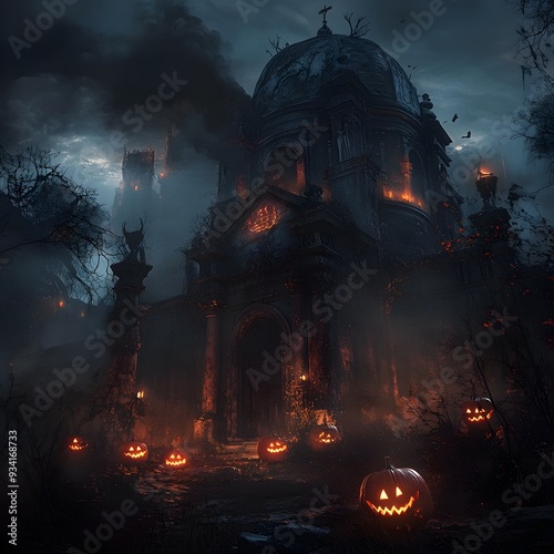 Haunting Halloween Mausoleum Shrouded in Moody Atmosphere and Sinister Decor