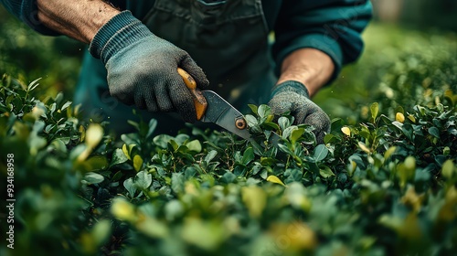 close-up of a gardener trimming hedges or bushes with pruning shears, showcasing the careful process of shaping and maintaining healthy foliage