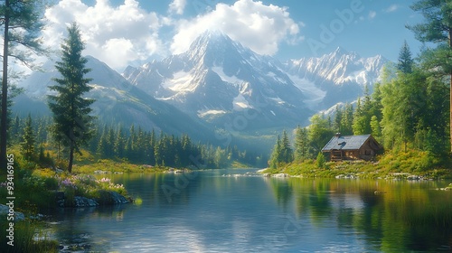 A tranquil mountain lake scene with a cabin nestled in the trees.