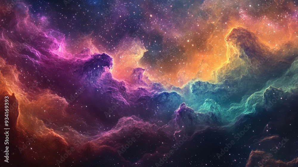 Fototapeta premium Colorful waves of nebulae moving through the cosmos, with stars glinting in the background, creating a stunning visual.