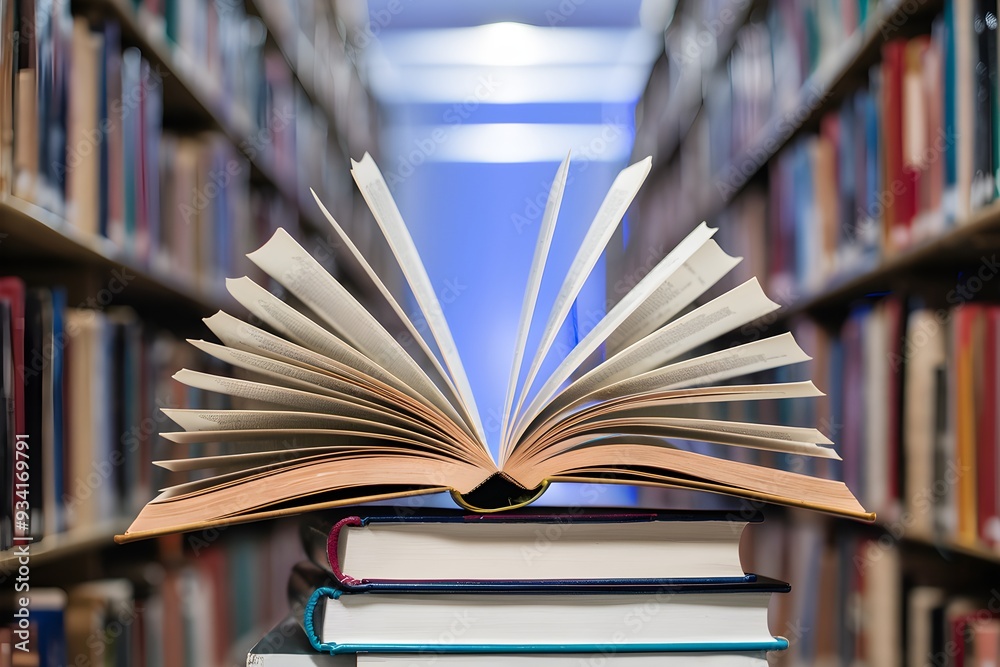Open book on a stack against a blurred library background Open book on a stack against a blurred library background