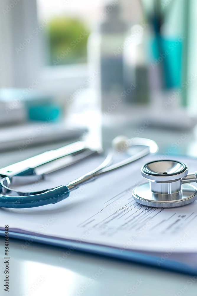 A health care and medical background features a clean, professional setting, with elements such as a stethoscope, medical charts, and a clipboard