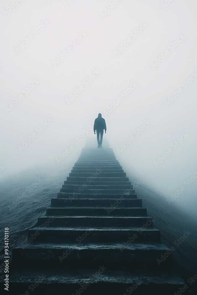 A man ascends a set of stairs leading into the unknown, symbolizing a journey of discovery A man ascends a set of stairs leading into the unknown, symbolizing a journey of discovery