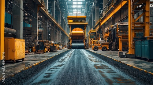  Interior of a large industrial facility with machinery and heavy equipment.