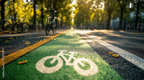 dedicated bicycle lane paved with smooth asphalt, clearly marked with bright green paint and bike symbols for safety photo