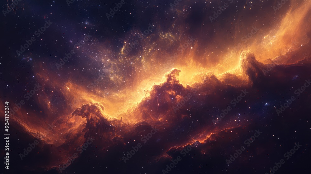 Fototapeta premium Expansive nebula waves flowing through the galaxy, rich in color and depth, with stars peeking through the cosmic mist.