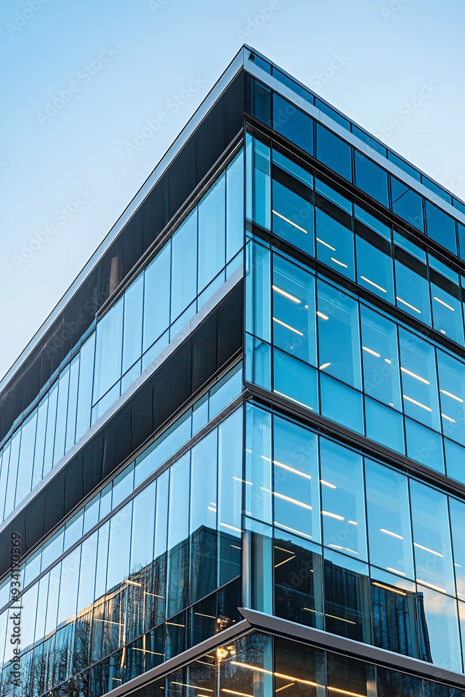 A modern office building constructed from glass and iron showcases sleek architectural design