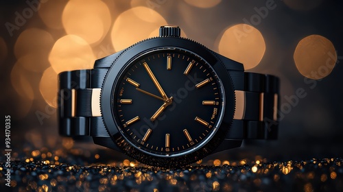 luxurious black wristwatch with a gold bezel and markers, showcased on a dark background with a soft gold gradient, epitomizing classic style photo