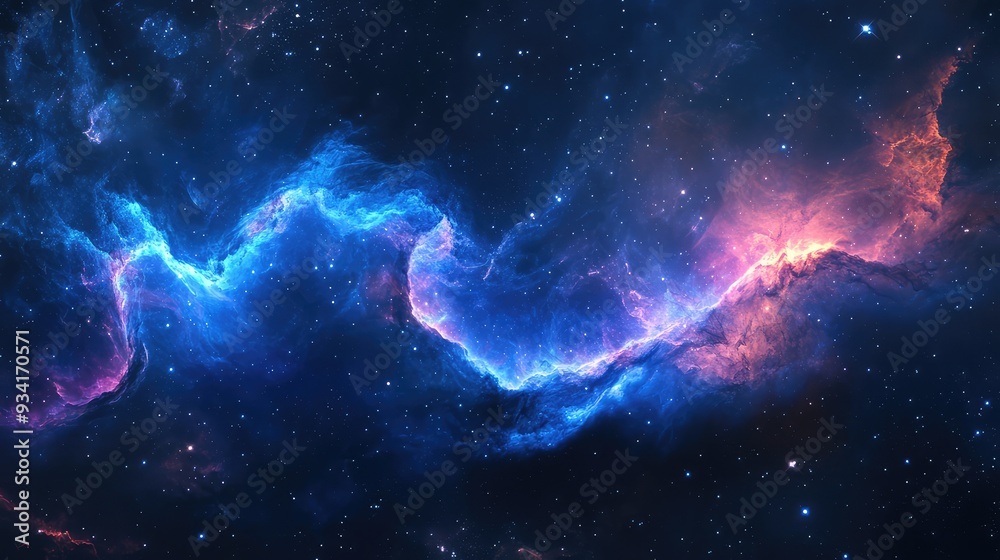 Fototapeta premium Flowing waves of nebulae in space, glowing with vibrant hues of blue and purple, with distant stars shining in the background.