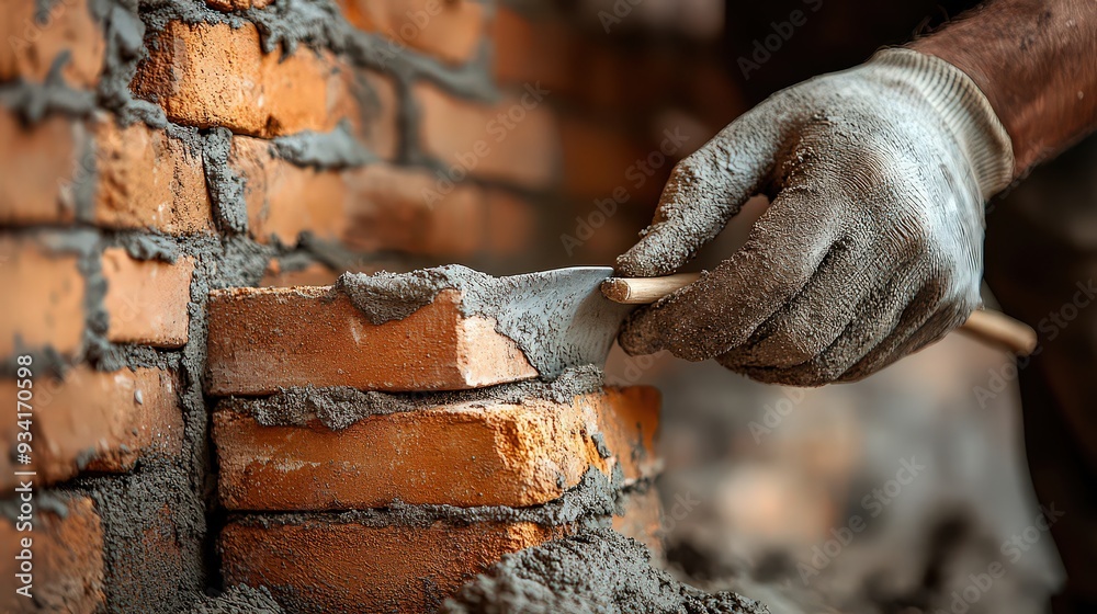 Obraz premium Worker carefully laying bricks with mortar to build a wall, close-up view.