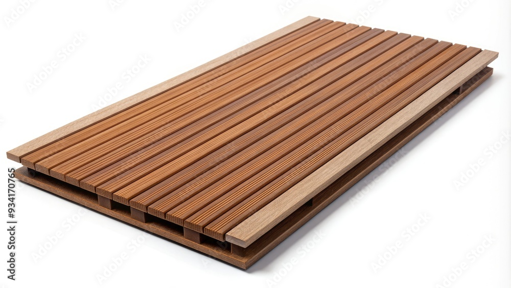 Modern outdoor deck boards made of durable wood plastic composite material, featuring natural wood grain texture, isolated on a clean white studio background. Modern outdoor deck boards made of durable wood plastic composite material, featuring natural wood grain texture, isolated on a clean white studio background.
