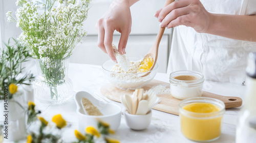 close-up of a woman mixing natural ingredients for a homemade facial scrub in a bright, cozy kitchen