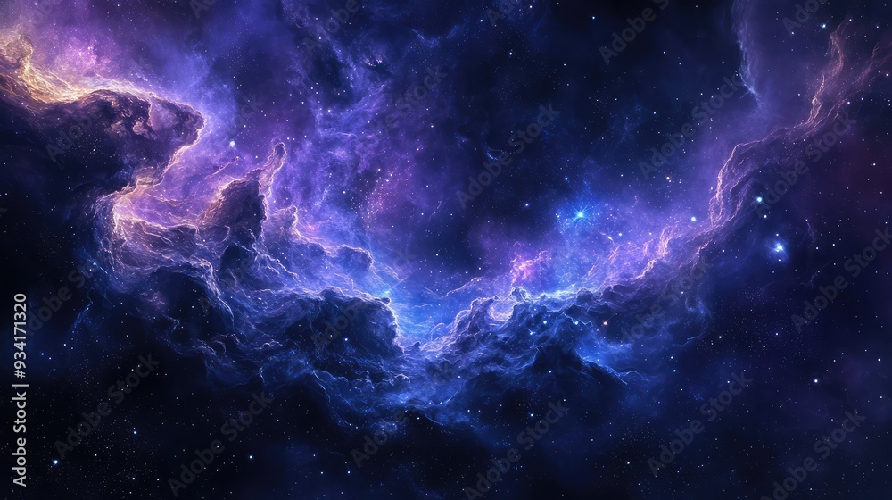 Fototapeta premium Nebula waves gently undulating in space, with deep blues and purples creating a serene, cosmic scene.