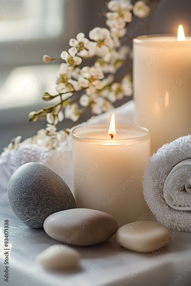 A serene spa still life features softly glowing aromatic candles, their warm light creating a calming ambiance A serene spa still life features softly glowing aromatic candles, their warm light creating a calming ambiance