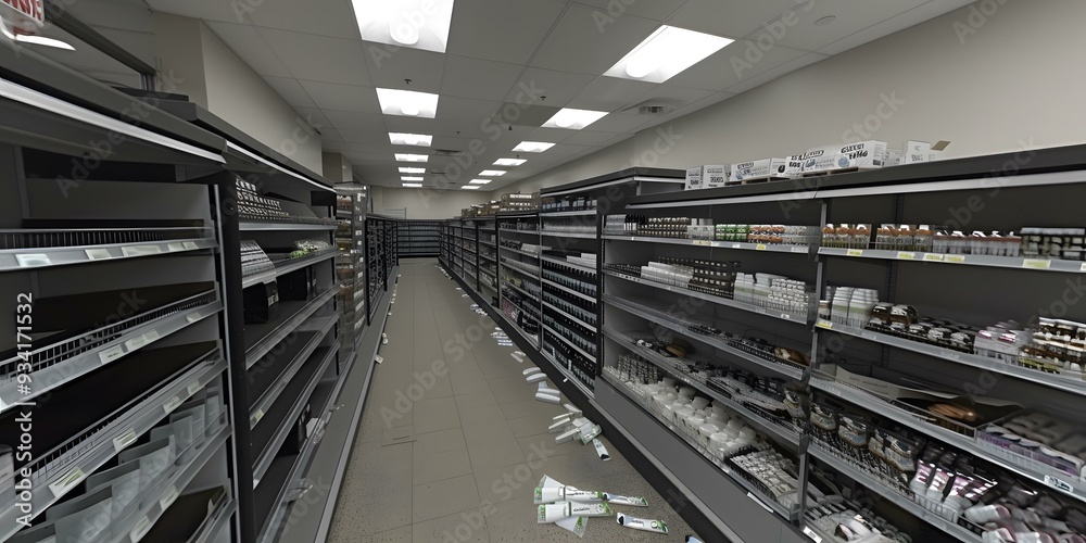 Empty Grocery Store Aisle With Shelves Of Products Empty Grocery Store Aisle With Shelves Of Products