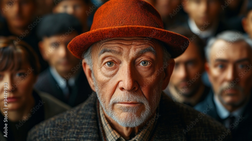 An elderly man with a thoughtful expression, wearing a red hat, stands at the forefront of a diverse group, capturing the essence of contemplation and shared experiences An elderly man with a thoughtful expression, wearing a red hat, stands at the forefront of a diverse group, capturing the essence of contemplation and shared experiences