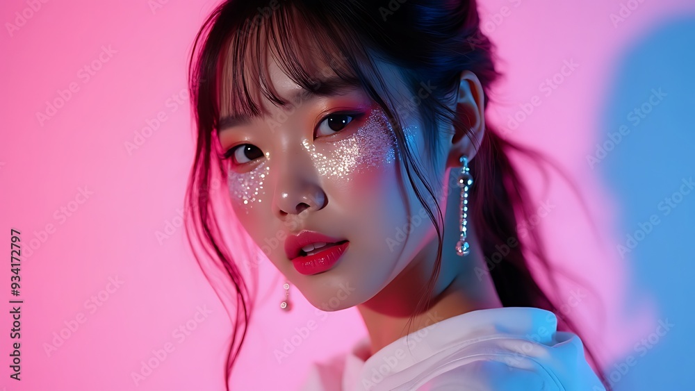 Young pretty Asian woman with glitter make-up wearing sporty fashion, white clothes, model posing isolated on a colorful modern pink and blue background, k-pop style Young pretty Asian woman with glitter make-up wearing sporty fashion, white clothes, model posing isolated on a colorful modern pink and blue background, k-pop style