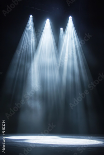 Bright spotlights beam down on an empty stage, their powerful light cutting through the darkness