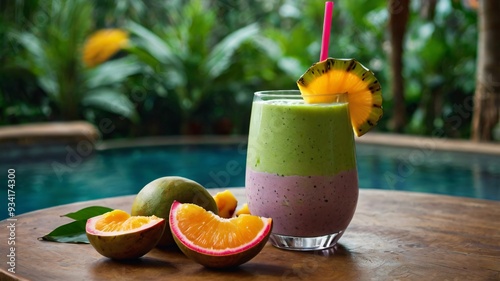 A cold smoothie made with a blend of tropical fruits is served in a clear glass. Bright colors enhance its appeal, set against a lush garden background by the pool photo