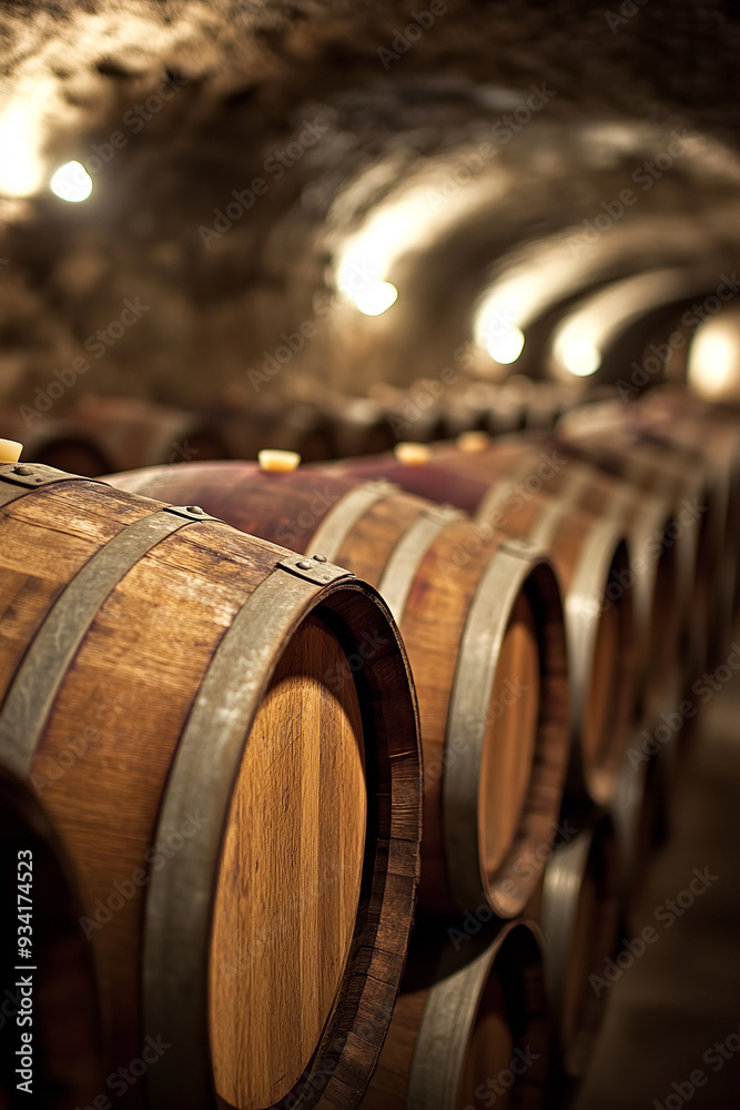 Old French oak barrels line the walls of a dimly lit underground cellar, their weathered wood showcasing a rich patina from years of use Old French oak barrels line the walls of a dimly lit underground cellar, their weathered wood showcasing a rich patina from years of use