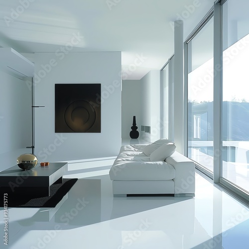 Modern living room with sleek furniture and large windows, showcasing a minimalist design and bright, airy atmosphere.