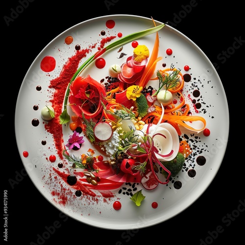 Vibrant and artistic gourmet dish showcasing colorful vegetables and sauces, perfect for food photography and culinary presentations.