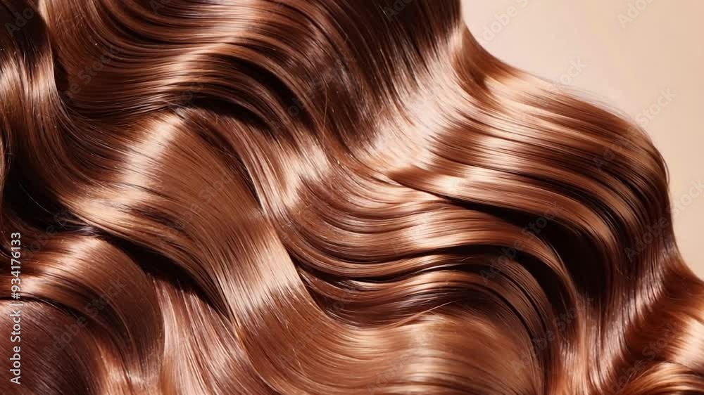 Shiny brown hair flowing with soft waves showcases a glossy finish, creating an eye-catching and elegant look under natural light