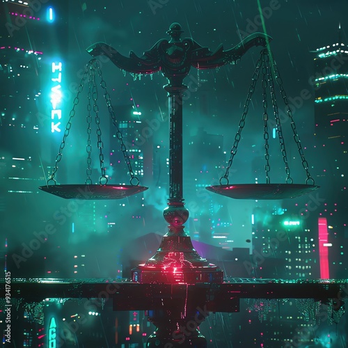 A digital painting of a balance scale made of metal with a green glow. The scales are set against a backdrop of a futuristic cityscape with skyscrapers and neon lights.