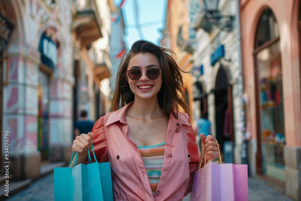 Young woman in colorful clothes and sunglasses, happily shopping in an urban setting Young woman in colorful clothes and sunglasses, happily shopping in an urban setting