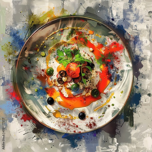 Artistic expression on a plate! Hummus, olives, and tomatoes are transformed into a visually stunning masterpiece. Bon appetit!
