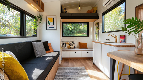 the interior of a tiny house, featuring a compact but stylish living area with multifunctional furniture photo