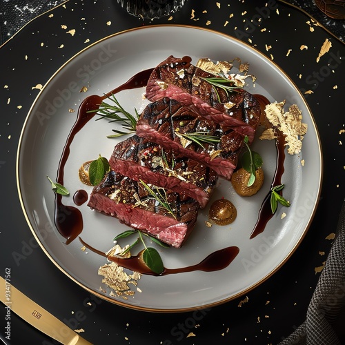 An elegant dish featuring perfectly cooked steak garnished with herbs and a rich sauce, ideal for gourmet culinary displays.