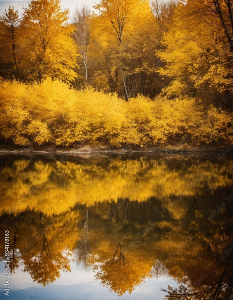 Vibrant yellow leaves create a stunning autumn display around a calm lake, with reflections mirroring the foliage on the water's surface as the day comes to a close. Generative AI Vibrant yellow leaves create a stunning autumn display around a calm lake, with reflections mirroring the foliage on the water's surface as the day comes to a close. Generative AI