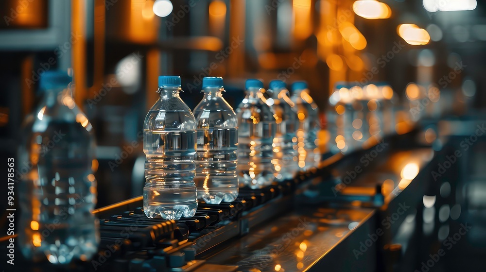 A close-up shot of a water bottle conveyor belt in a factory setting. The bottles are filled with clear liquid and are moving along the belt. The background is blurred with lights and machinery. A close-up shot of a water bottle conveyor belt in a factory setting. The bottles are filled with clear liquid and are moving along the belt. The background is blurred with lights and machinery.