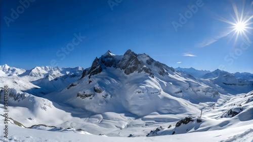 A panoramic view of a snowy mountain range under a clear blue sky