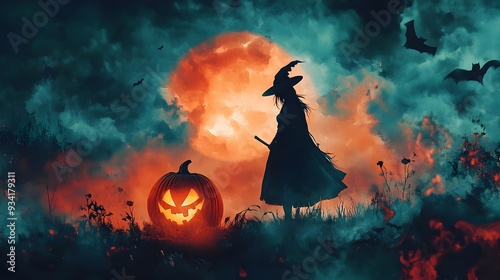 Enchanting Halloween Scene with Mystical Witch and Radiant Pumpkin in Rich Black and Orange Color