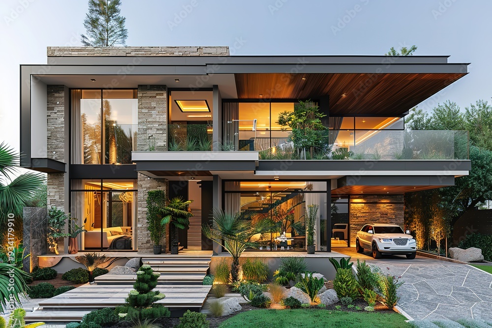 A large house with a car in the driveway and a lush green lawn A large house with a car in the driveway and a lush green lawn