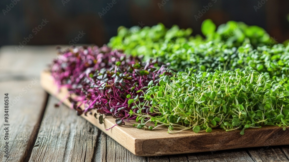 different microgreens for adding to food on a wooden board and table.Healthy food concept, culinary trend different microgreens for adding to food on a wooden board and table.Healthy food concept, culinary trend
