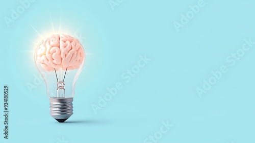 A creative concept symbolizing ideas and intelligence, featuring a brain inside a light bulb on a soothing blue background.