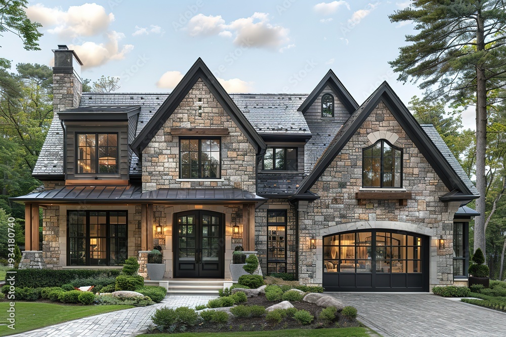 A large stone house with a black roof and a black garage door A large stone house with a black roof and a black garage door