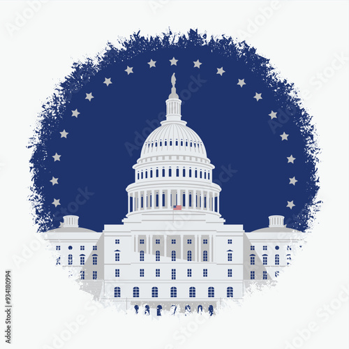 Vector banner or card with image of the US Capitol building in Washington, DC. The Western facade of the Capitol. Retro-style illustration of American landmark
