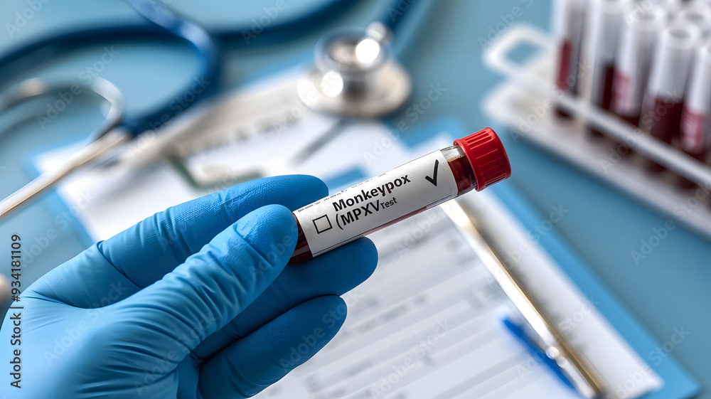 Naklejka premium Close-up of a gloved hand holding a blood test vial labeled 