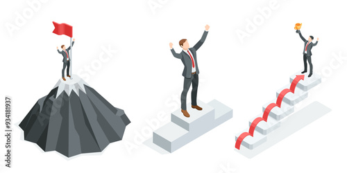 isometric vector set of business man with waving flag on top of mountain and pedestal, in color on white background, achieving goal or success