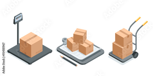 isometric vector warehouse scales with box and tablet with waybill and wheelbarrow, in color on white background, set of design objects on the theme of postal items or parcels